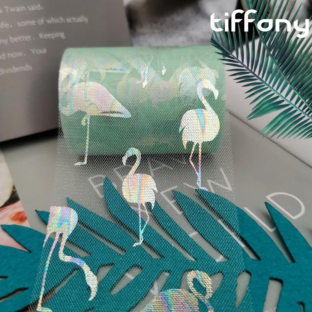 

7.5cm 10yards Flamingo Tulle Roll Foil printing Flamingo Mesh Fabric For DIY Handmade Craft Hair Ornaments Tutu Bowknot Supply