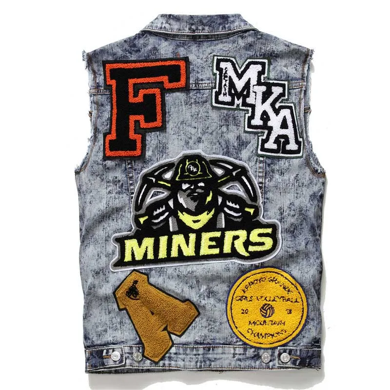 

KIOVNO Fashion Men Hip Hop Denim Vest Badge Patchwork Waistcoats For Male Sleeves Jeans Jackets Streetwear