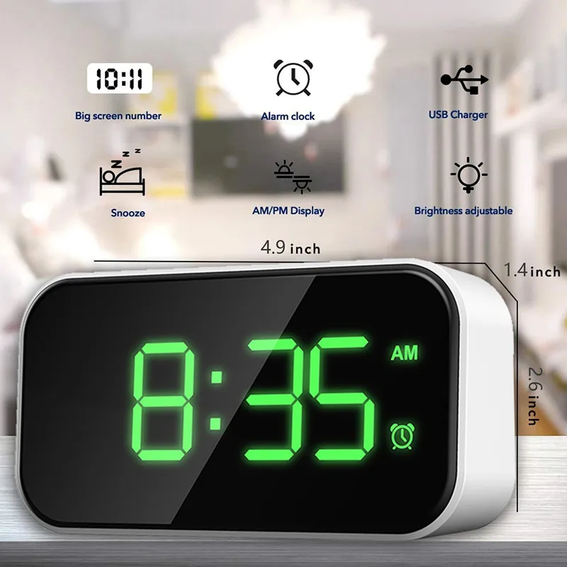 

5inch LED Digital alarm clock 12/24H, 6 brightness settings touch snooze alarm clock USB charing ports Office Bedroom Decoration