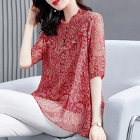 fashion print blouse pullover summer ladies chiffon blouses large size half sleeve vintage print casual tops 5xl