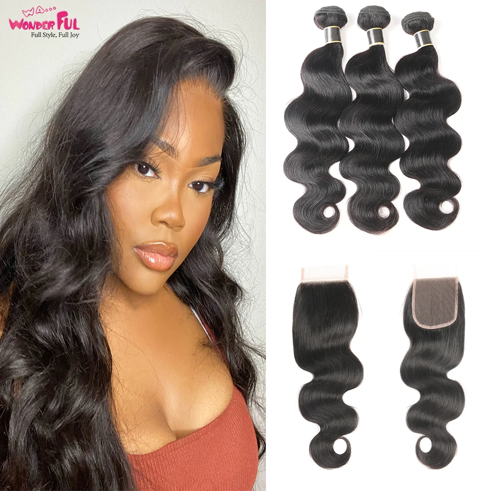 Wa прекрасного тела волна пряди с закрытием перуанский волос 100% волосы