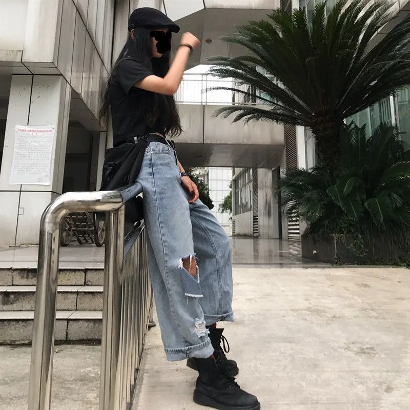 

NiceMix Loose Vintage Women Jeans Spring Summer Bleached Casual Girlfriend Hole Denim Wide Leg Pants Oversize High Waist Jean