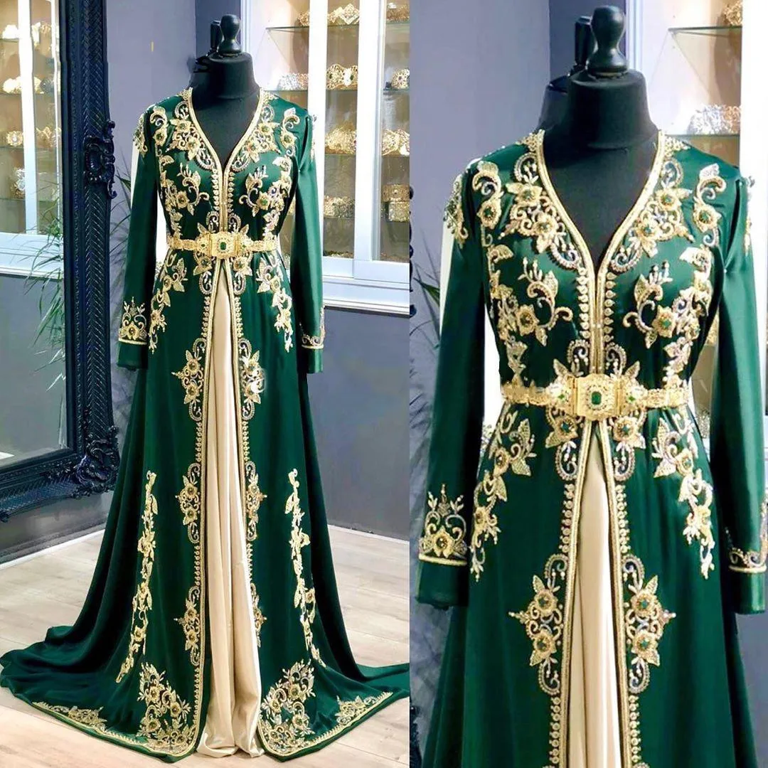 

Luxury Green Moroccan Caftan Evening Dresses 2021 Long Sleeve Lace Crystal Beaded Prom Dresses Dubai Abaya Formal Party Gowns