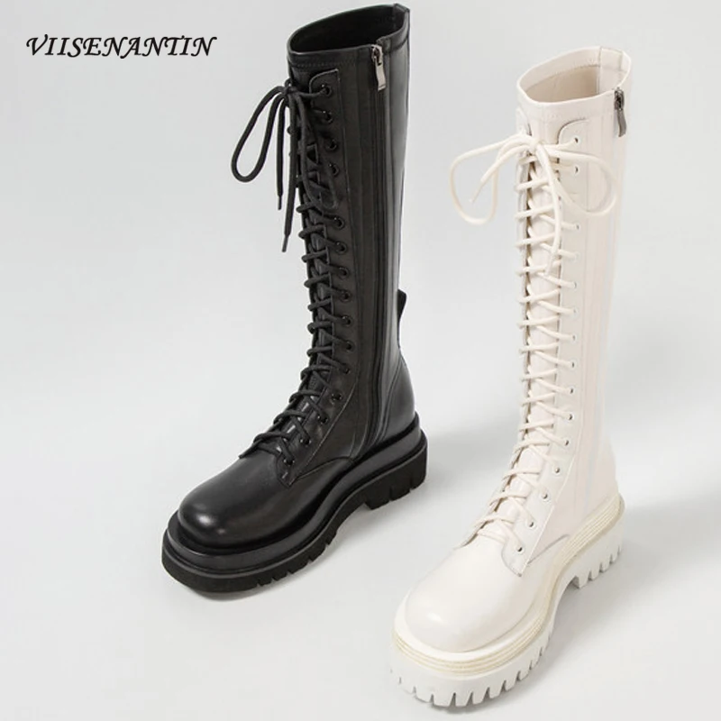 

White Knee-high Thick Sole Lace-up Long Knight Boots Women High Heel Elastic Boots Genuine Leather Flat Platform Design Shoes
