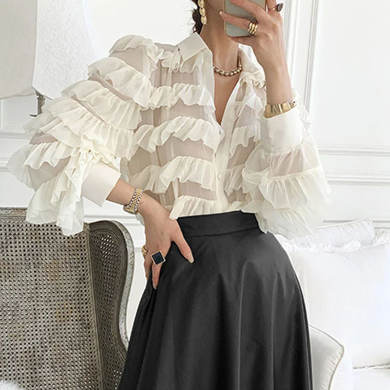 Женская рубашка с длинным рукавом свободная блузка оборками отложным воротником