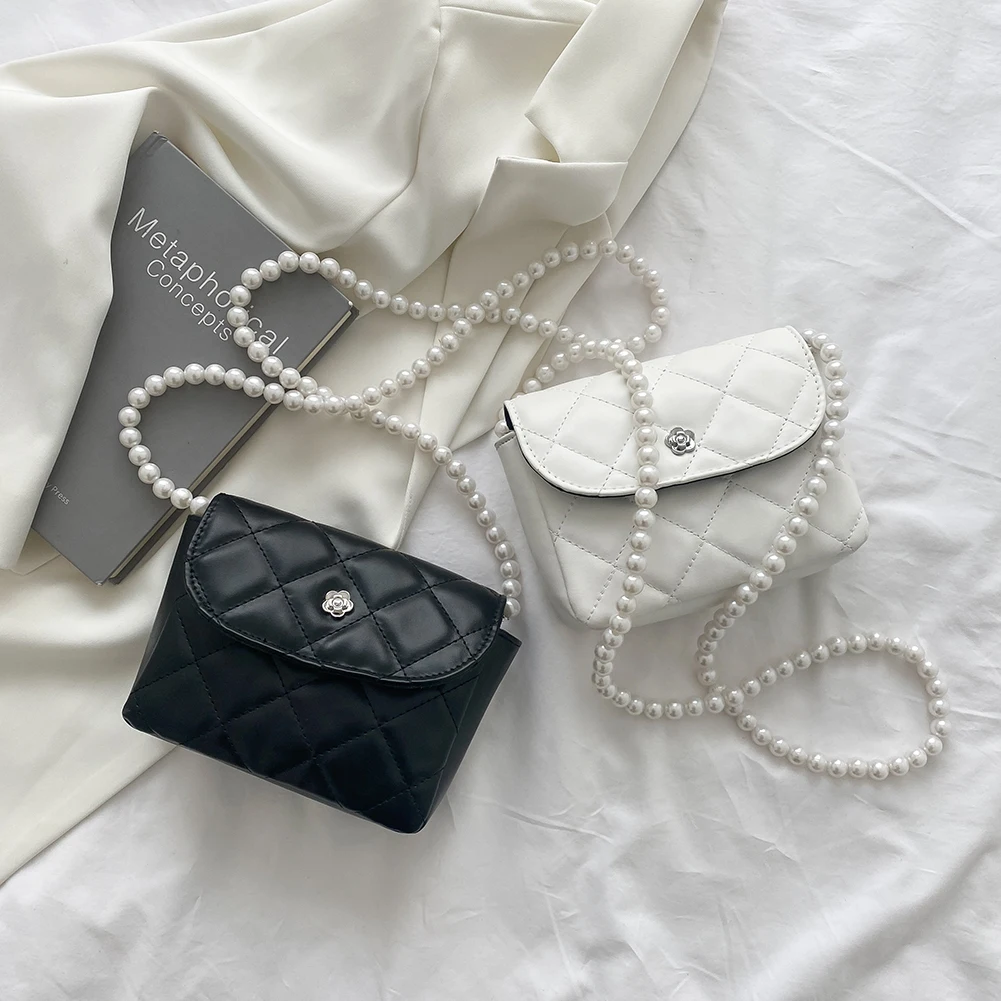 

Fashion Women Pure Color Handbag Designer Pearl Chain Shoulder Crossbody Bag Lingge Embroidery Thread Lady Flap Handbag
