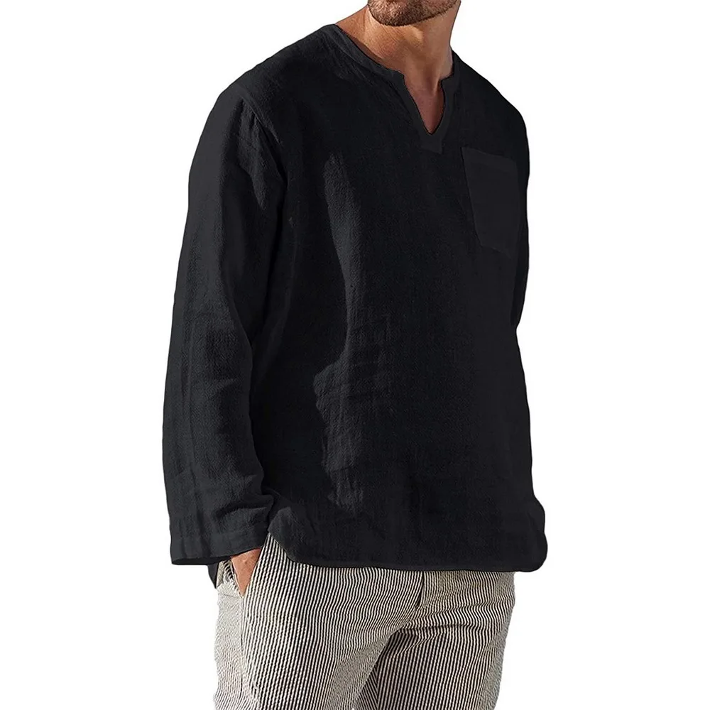 

2021 New Summer Autumn Men's Linen Shirt Polo Shirt Men's Poloshirt Long Sleeve Sexy V Neck Handsome Casual Loose Male Tee Shirt