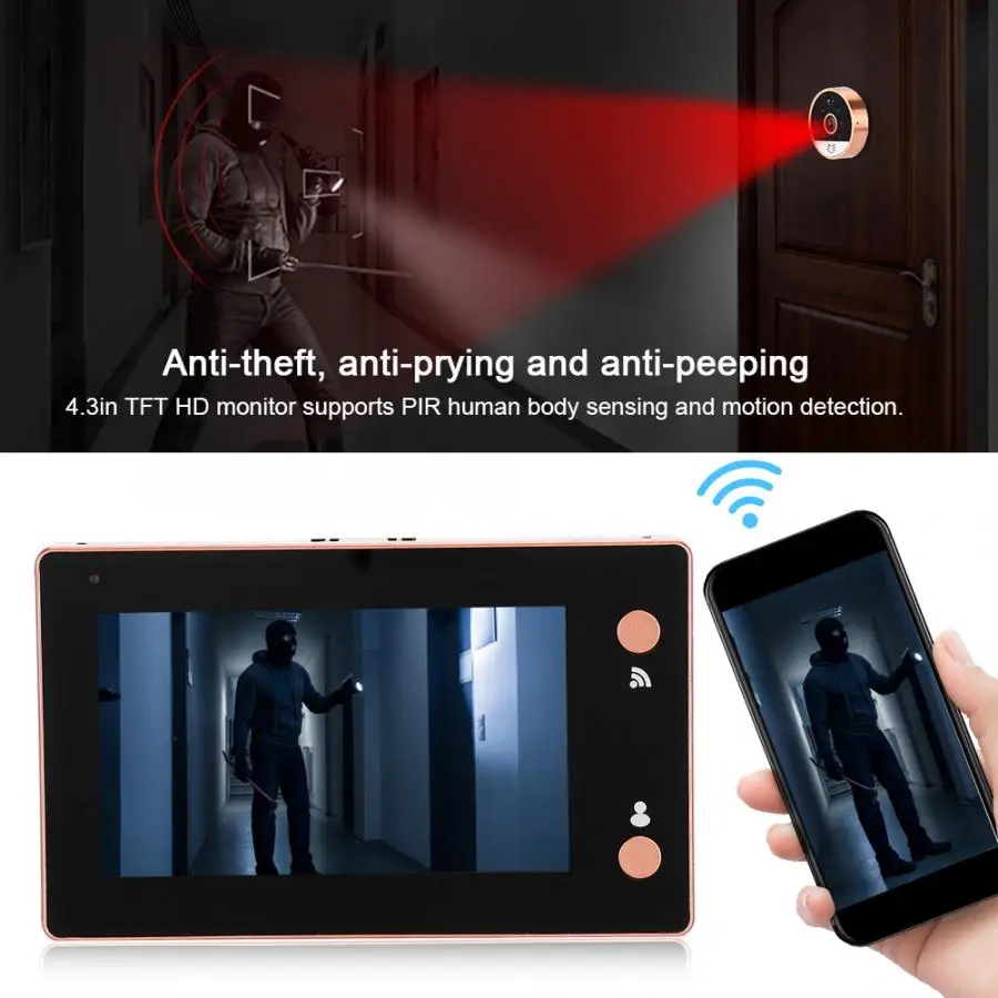Видеоглазок 4 3 дюйма с wi fi подсветка ночное видение обнаружение движения