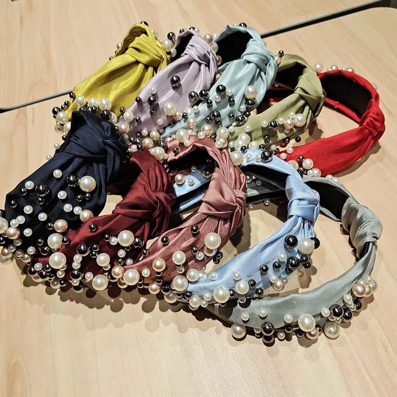 

New hot sale twill fabric art nail pearl headband Simple high-end exquisite headband Wild temperament knotted headband