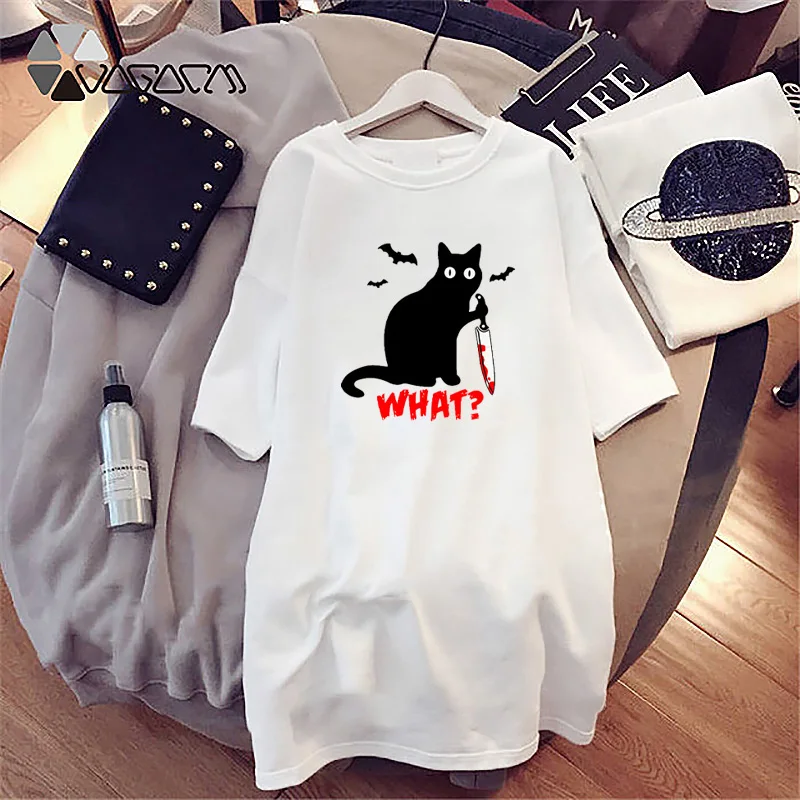 

Plus Size Dress Mini Women Loose Summer Black Cat Print T-Shirt Dresses Korean Short Sleeve Streetwear Casual Pullover Dress
