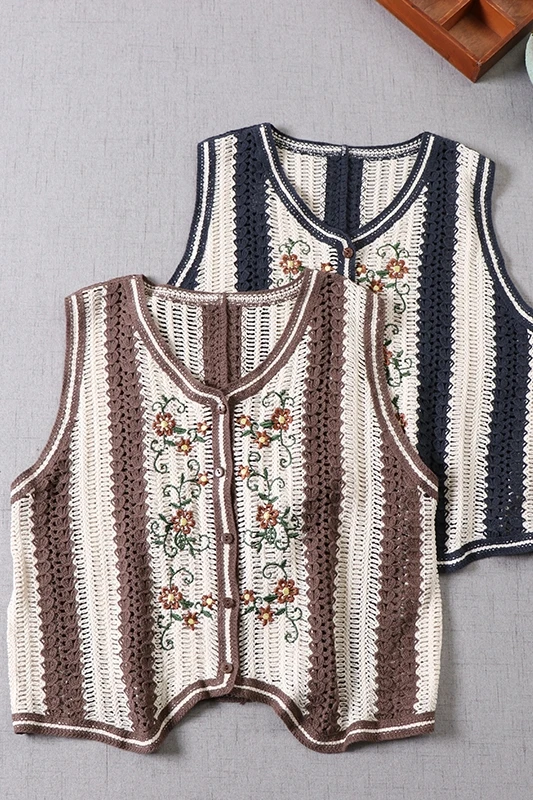 

New spring Crochet hollow out embroidered vest Vintage Women's Knitted Vest single breasted v neck waistcoat