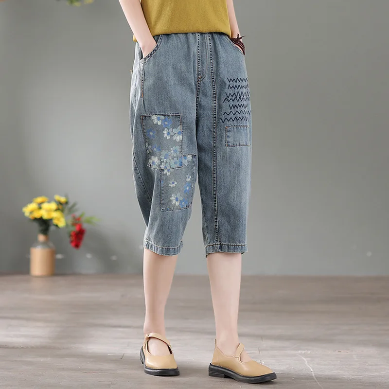 

RUIZIHAN 2021 Large Elastic Waist Jeans Capris Women's Summer Thin Embroidery High Waist Loose Harlan Fashion Women's Wear