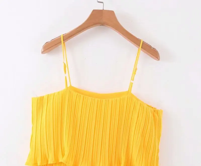 

Summer Women's Pleated Layered Suspender Jumpsuit Yellow Camis Straight Wide Leg Rompers Bodysuit