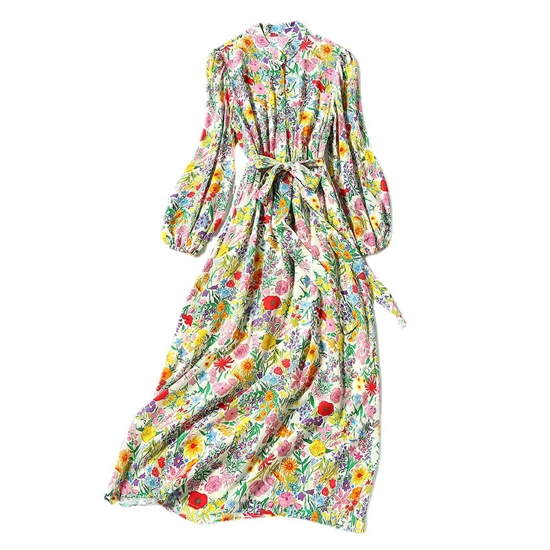 

2021 Summer lace-up bowknot mid-waist breathable silk cardigan temperament commuter printing big swing dress dress women