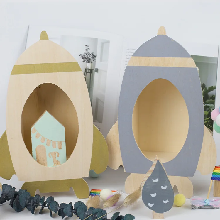 Children Storage Box Ins Solid Wood Rocket Large Decorative House Rack Decoration Ornaments Children's Room Props |