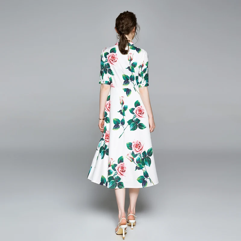 

JSXDHK New 2020 Summer Print Runway Dress Women Fashion Long Mid-calf Rose Party Dress