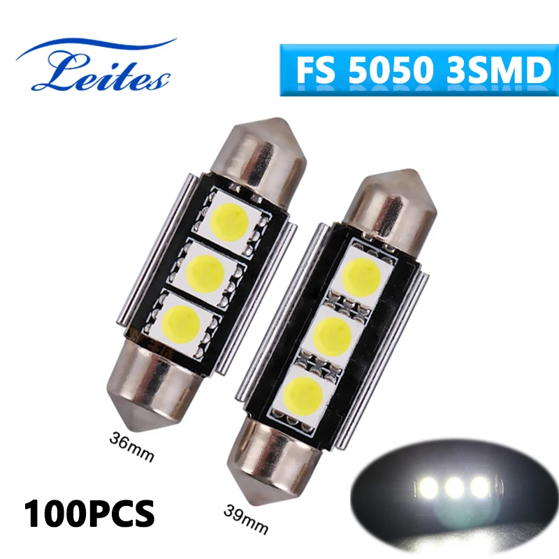 

Leites 100pcs 36mm 39mm C5W 3 SMD 5050 Led Canbus Error Free Car Interior Festoon Dome Auto Light Lamp Bulb White DC12V