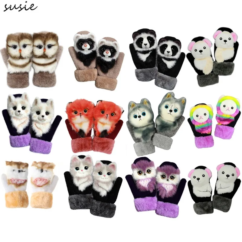 

Women Men Winter Knitted Gloves Cute 3D Fluffy Cartoon Animal Thermal Mittens X7YA