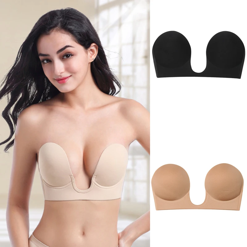 Sexy Women Strapless Plunge Bra Seamless Backless U Shape Wire Free Adhesive Silicone Invisible Stick On Push up Bra Black Nude