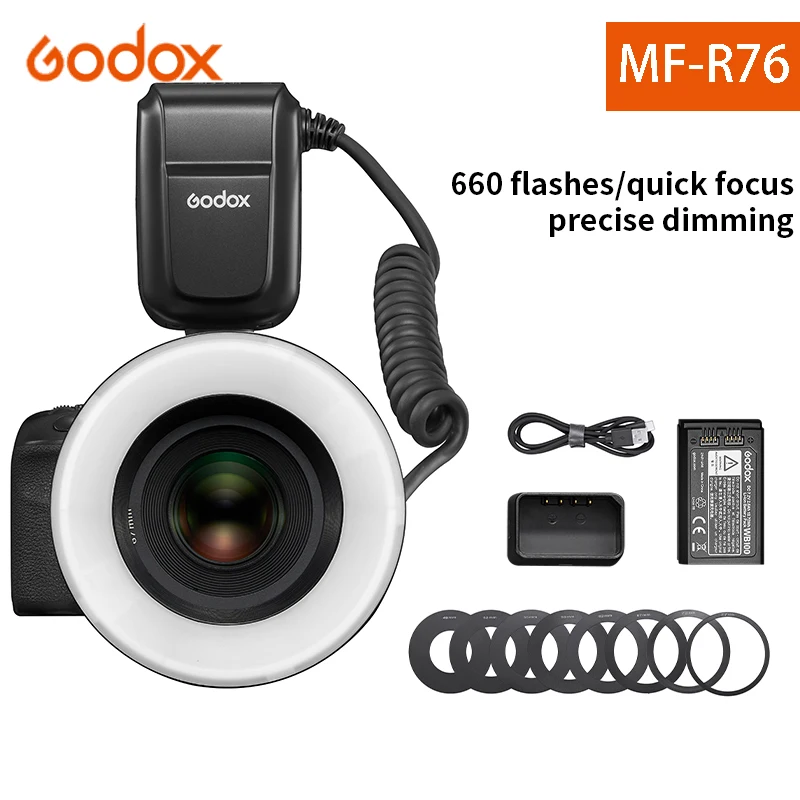 Фотовспышка GODOX MF-R76 макро 5000K кольцевая лампа для фотосъемки Speedlite цифровой