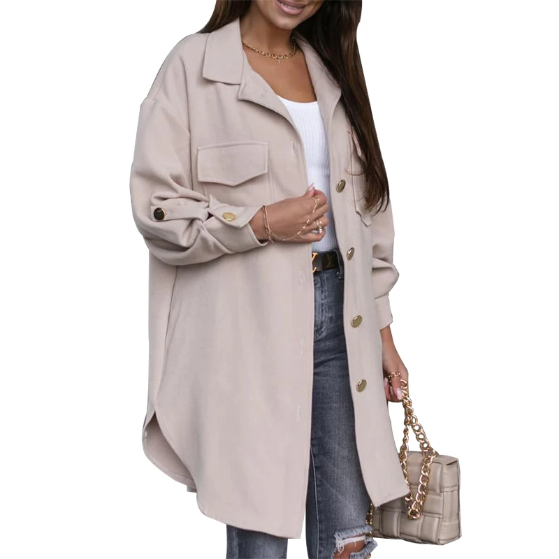 

Women's Clothing Shirt Style Lapel Mid-length Solid Color Casual Single Breasted Jacket Pockets Autumn New Stylish Outerwear