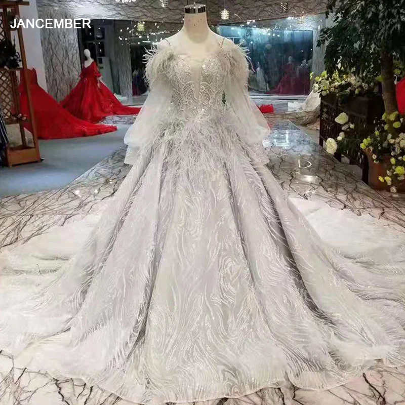 LSS324 серое вечернее платье с перьями страуса милое Пышное длинными рукавами