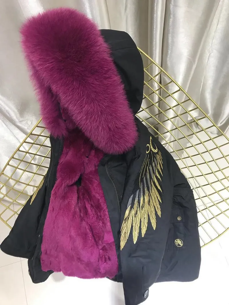 Детский зимний комбинезон, детская зимняя куртка и пальто для мальчиков и девочек, парки из натурального меха кролика рекс с натуральным лисьим мехом, верхняя одежда с капюшоном - Цвет: black rose purple