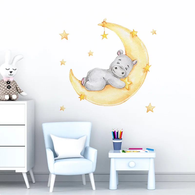 

Cartoon Moon Hippo Wall Sticker For Kids Baby Room Decoration Home Living Room Background Mural Animals Beautify Wallpaper