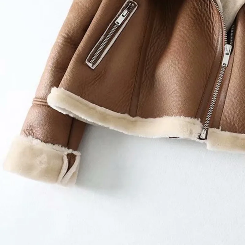 

YICIYA Brown Women Fashion Thick Warm Winter Fur Faux Leather Cropped Jacket Coat Vintage Long Sleeve Female Outerwear Chic Tops