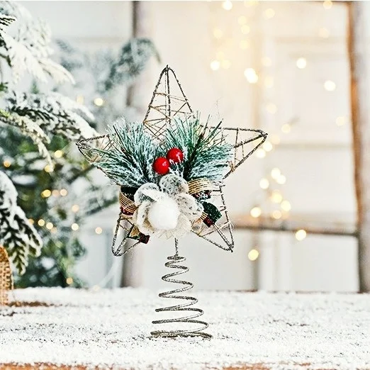 

26cm Christmas Decoration Iron Art, Christmas Tree, Tree Top Five-pointed Star,Golden Three-dimensional Hollow,Pine Cone Pendant