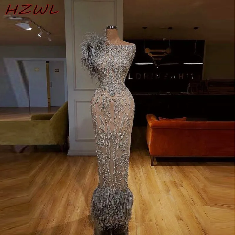 

Feathers See Through Prom Dresses Mermaid Lace Appliques Sequins robe de bal femme longue Ankle Length Evening Dress Luxury