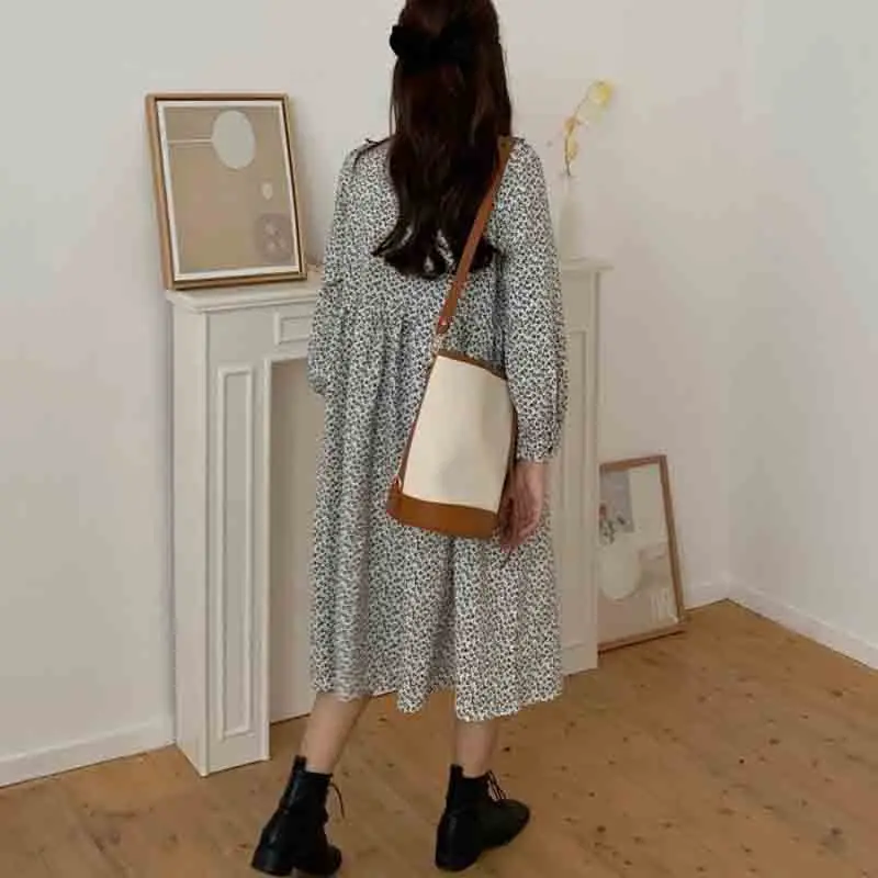 

2020 New Autumn Loose Floral Chiffon Women Dress Long Sleeve Sweet Elegant French Slim Dresses Splicing Retro Fashion Clothing