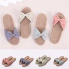 Сандалии женские льняные с бантом, пляжная обувь, шлепанцы, сандалии