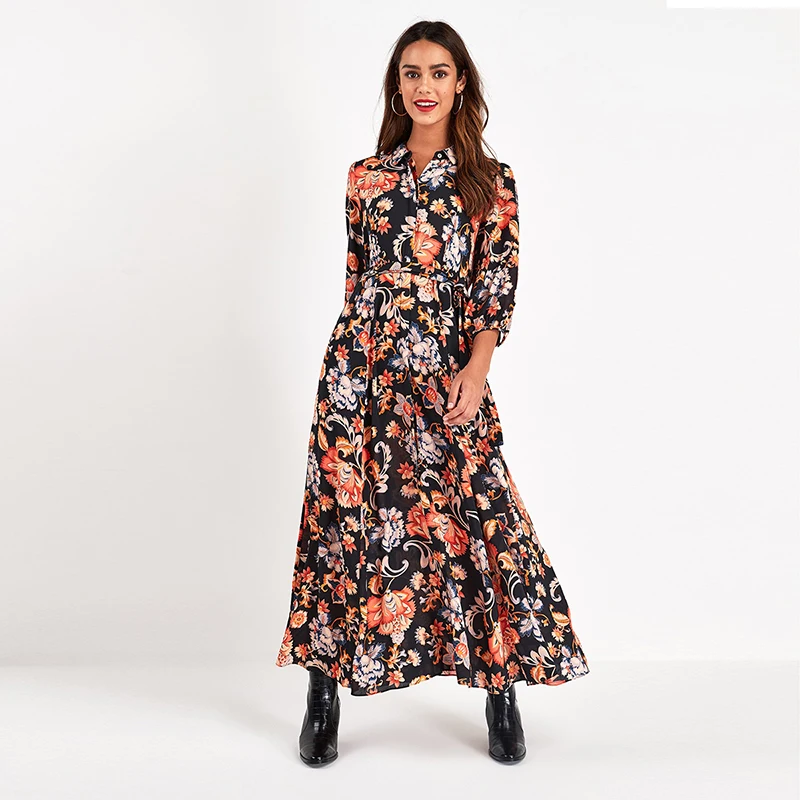

Chic Floral Print Long Maxi Dress Women Elegant Casual Turn Down Collar Shirt Dress Three Quarter Sleeve Bohemian Sashes Dresses