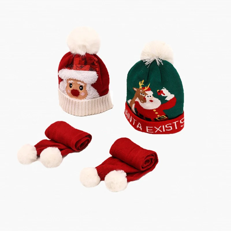 

2021 New Children's Christmas Hats and Scarves Cute Sequined Santa Claus and Elk Woolen Caps and Warm Scarfs for Boys and Girls