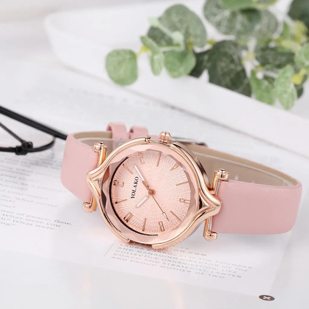 YOLAKO женские часы повседневные розовые с кожаным ремешком кварцевые наручные