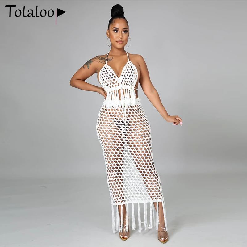 

Totatoop Women Beach Cover Up Two Piece Set Halter Crop Top And Maxi Skirt Outfits Corchet Knitted Hollow Out Boho Maxi Robe