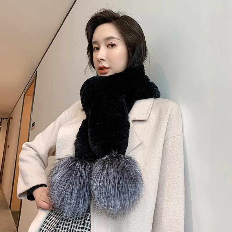 Женский настоящий шарф из меха кролика рекс с двумя серебряными помпонами