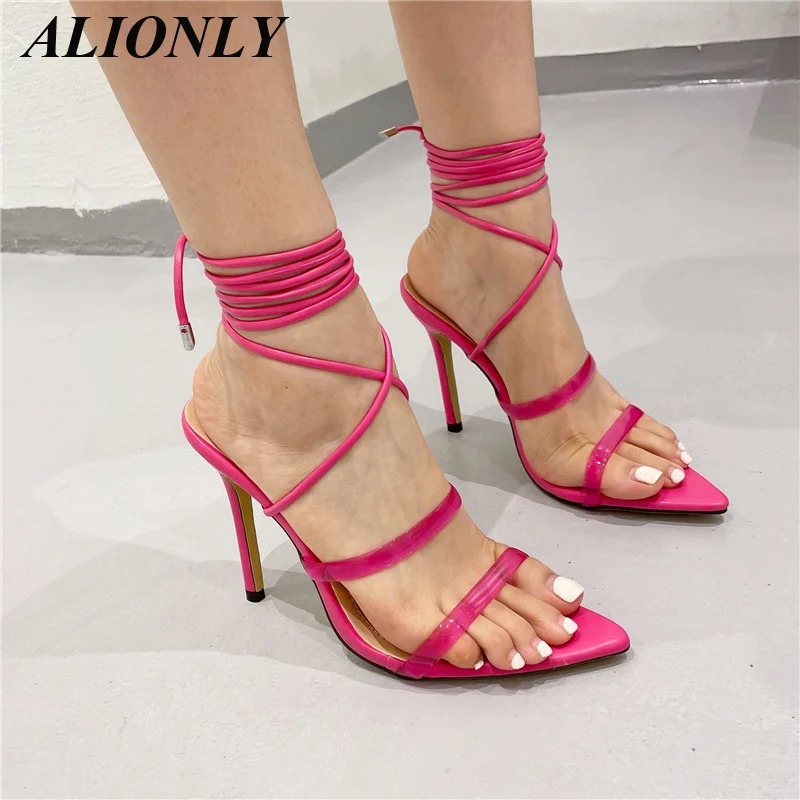 

ALIONLY Sexy Pointed Open Toe for Women 2022 Summer Shoes Fashion Jelly Sandals Ladies Ankle Cross Lace-Up Stiletto Heels Pumps