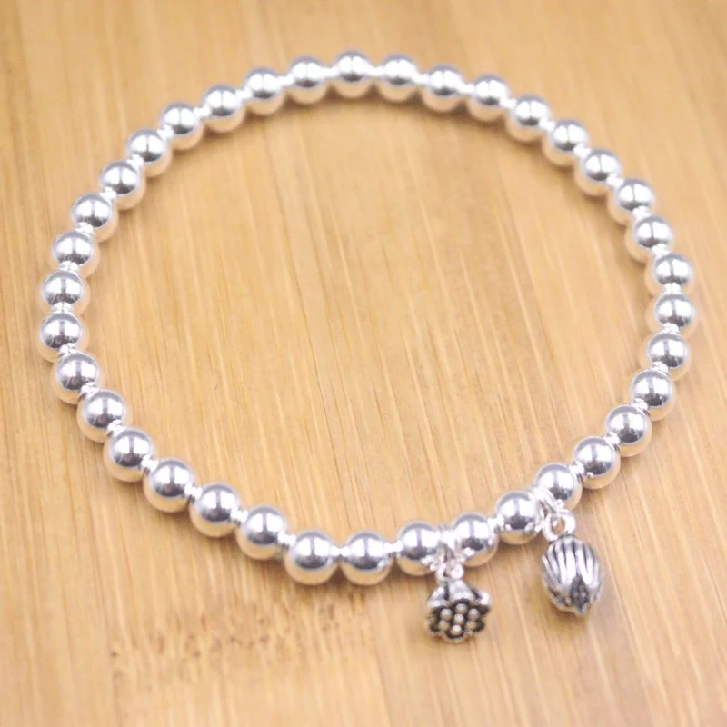 

Pure S925 Sterling Silver Bracelet Women Gift Lotus Glossy Beads Link Chain Bracelet