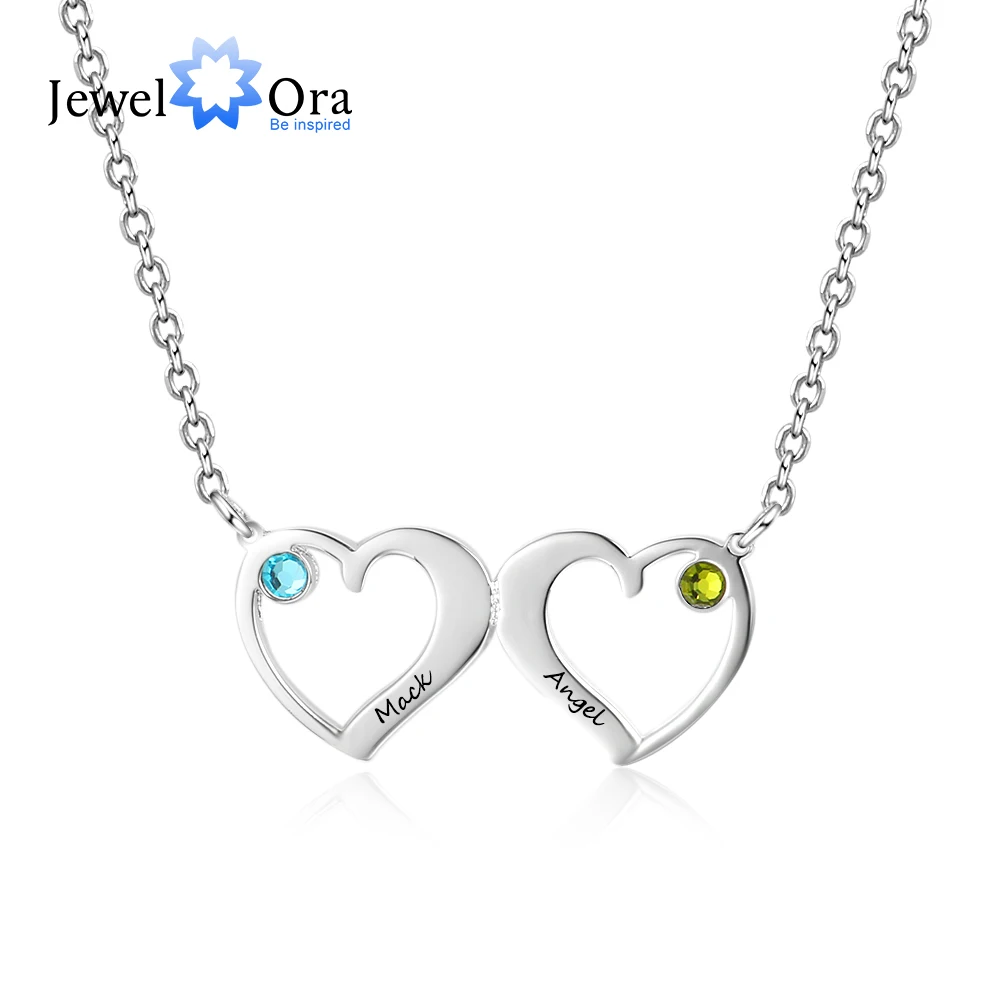 Индивидуальные Двойное сердце кулон ожерелье с 2 камнями по месяцу рождения