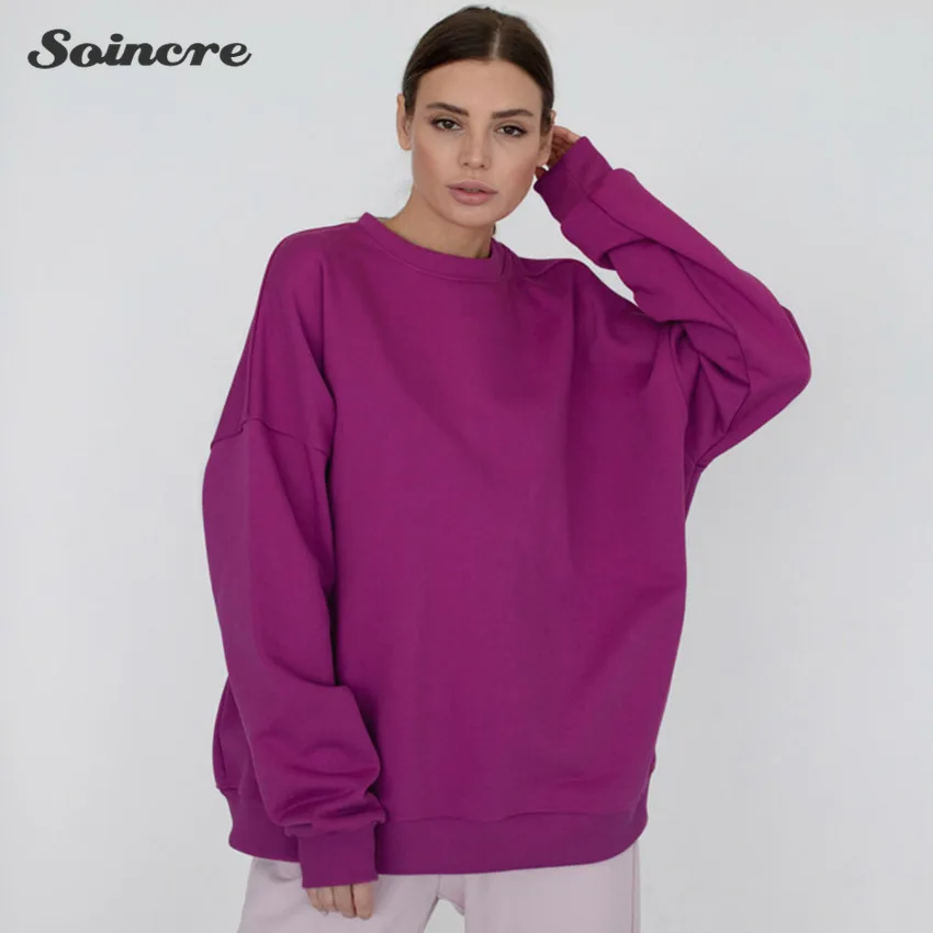 

Casual Oversize Sweatshirt Woman Fall Winter Cotton Drop Shoulder Purple Pullover Female Loose O-Neck Fashion Top Sweatshirt
