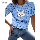 Летняя Новинка 2021, Милая женская футболка с изображением милого кошачьего лица, дышащая свободная футболка, маленький свежий Топ, нишевая Дизайнерская мужская футболка с коротким рукавом
