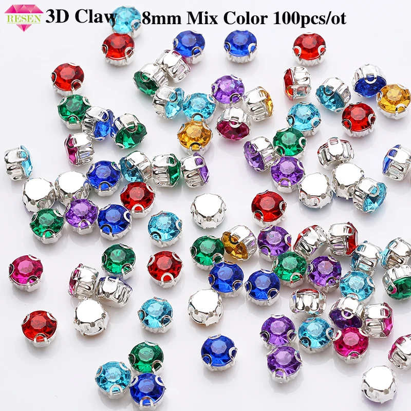 Ресен 8 мм акриловые 3D Серебристые коготь стразы разноцветные пластиковые камни