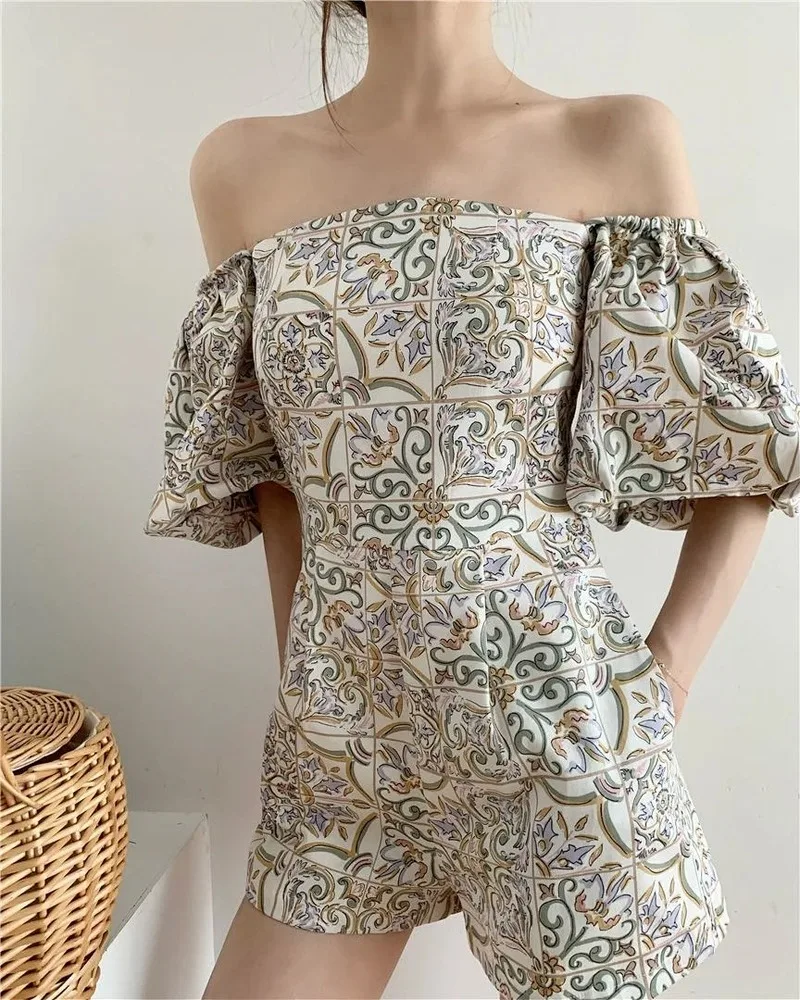 Palace Style Retro Ceramic Tile Print Jumpsuit Women Temperament Thin Section Slim Slimming Square Collar Shorts Summer Dress