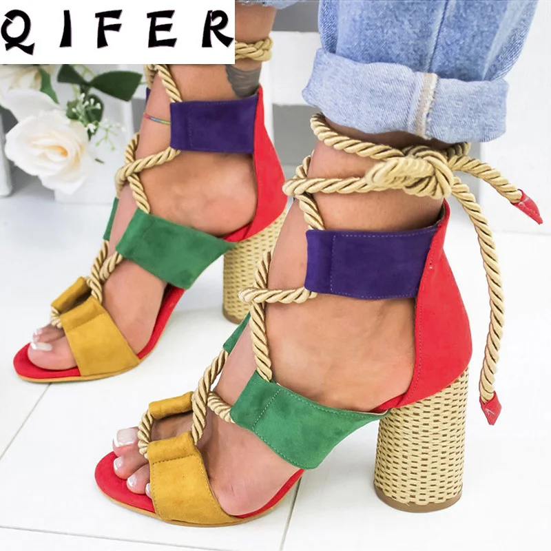 

Women Pumps Lace Up High Heels Women Gladiator Sandals For Party Wedding Shoes Woman Summer Sandals Thick Heels Chaussures Femme