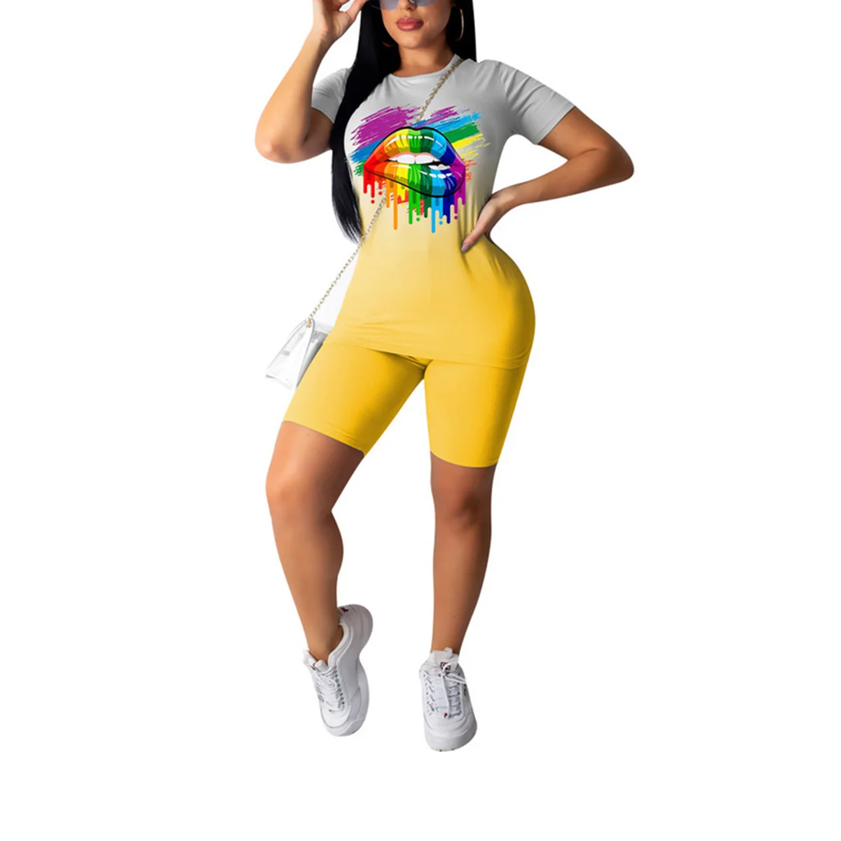 

AA Women Suit Causal Lip Print Short Sleeve T-Shirt + Shorts Set Gym Tracksuit Two Piece Tracksuits Women Set Matching Sets