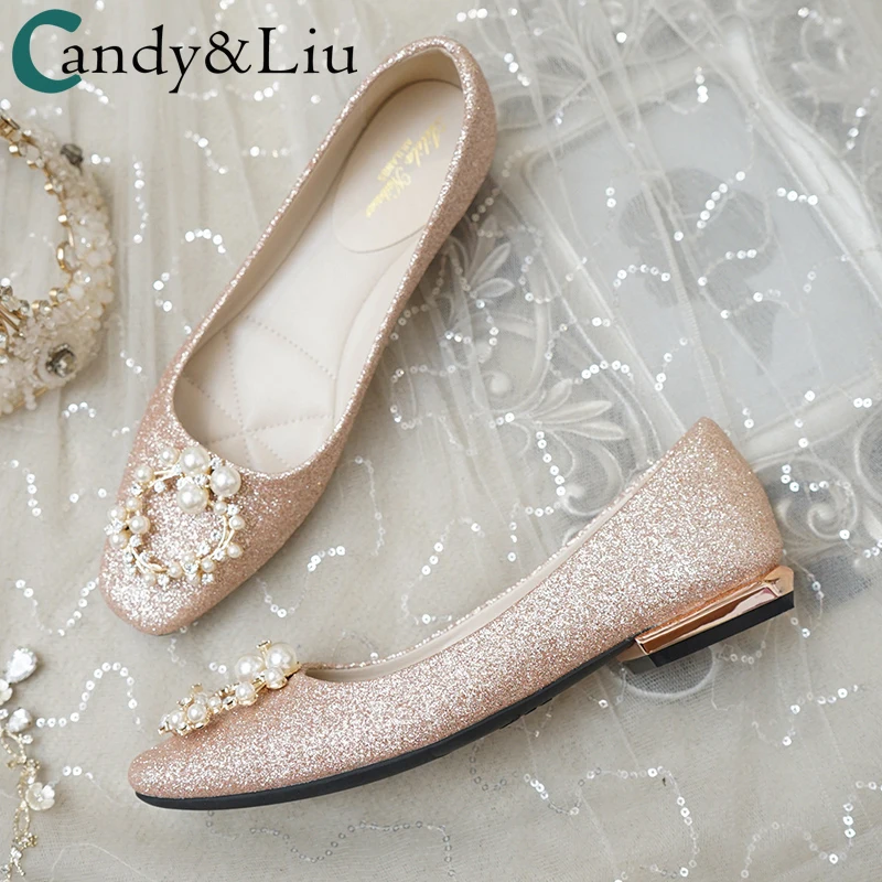 

Women's Wedding Shoes Flat Bottom 2021 New Bride's Shoes Pregnant Women Flat Shoes Square Head Crystal Sequined Wedding Shoes