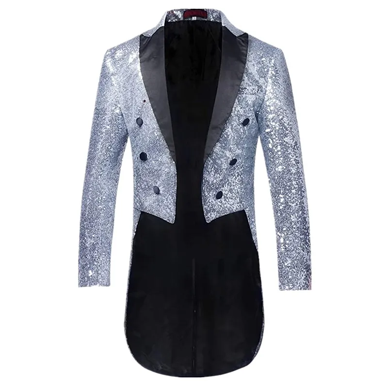 

Mens Tails Slim Fit Tailcoat Sequin Dress Coat Swallowtail Dinner Party Wedding Blazer Suit Jacket