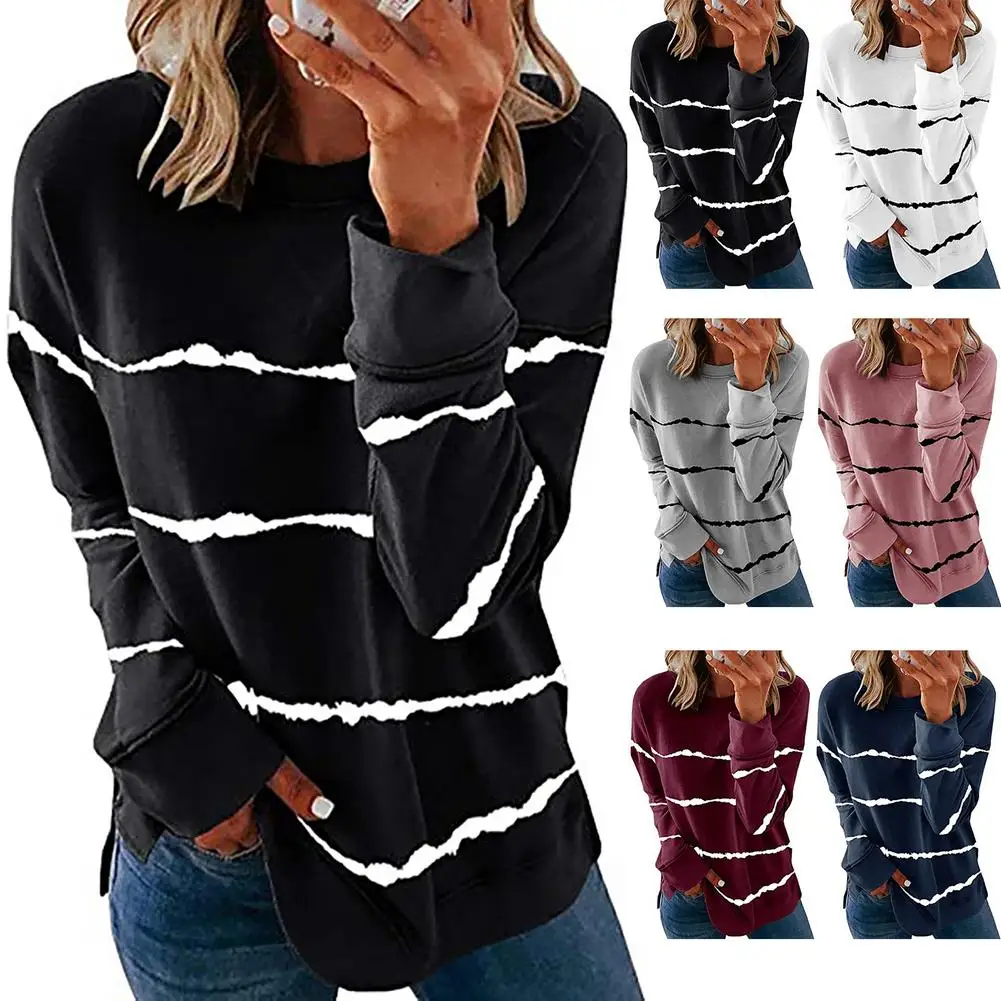 

Woman Tshirts Harajuku Tops For Women Autumn Casual Striped Sweatshirts Thermal Crewneck Long Sleeve Pullover Top T-shirts